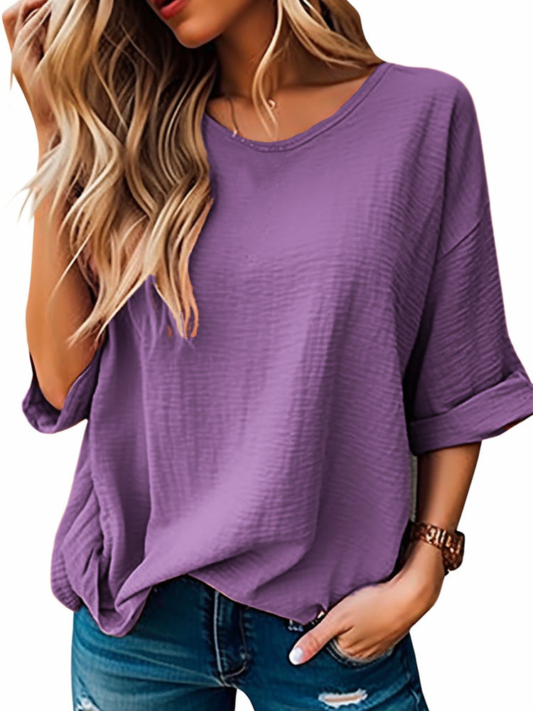 Damen Lockeres Crinkle-Shirt mit U-Boot-Ausschnitt und krempelbaren Dreiviertelärmeln Shop Nory
