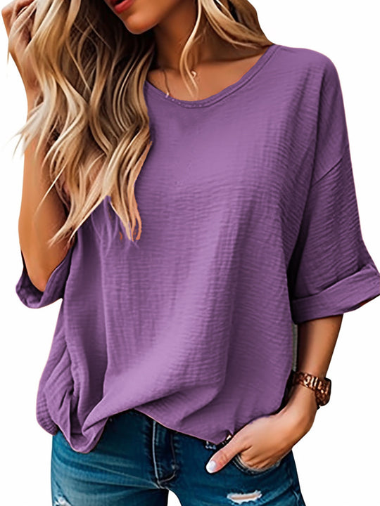Damen Lockeres Crinkle-Shirt mit U-Boot-Ausschnitt und krempelbaren Dreiviertelärmeln Shop Nory