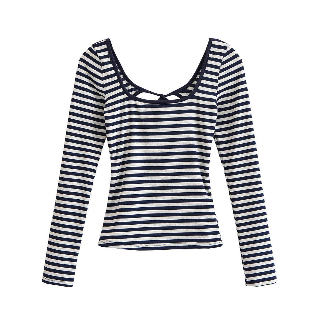 Damen Gestreiftes Langarmshirt mit tiefem Rundhalsausschnitt und Zierschleife Shop Nory