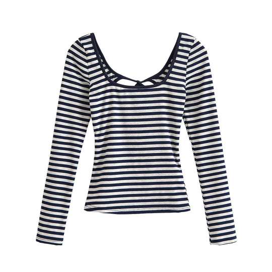 Damen Gestreiftes Langarmshirt mit tiefem Rundhalsausschnitt und Zierschleife Shop Nory