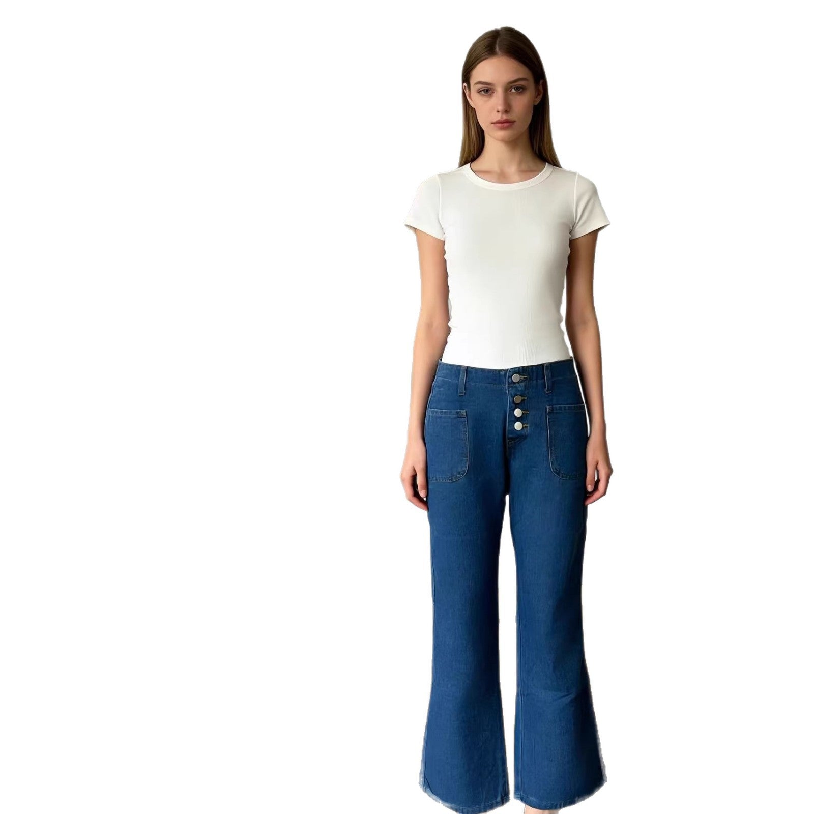 Damen Bootcut-Jeans mit hohem Bund und knöpfbarem Verschluss Shopnory