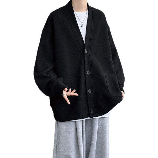 Herren oversized Strickcardigan mit V-Ausschnitt, aufgesetzten Rundtaschen und lässiger Drop-Shoulder-Silhouette Shop Nory