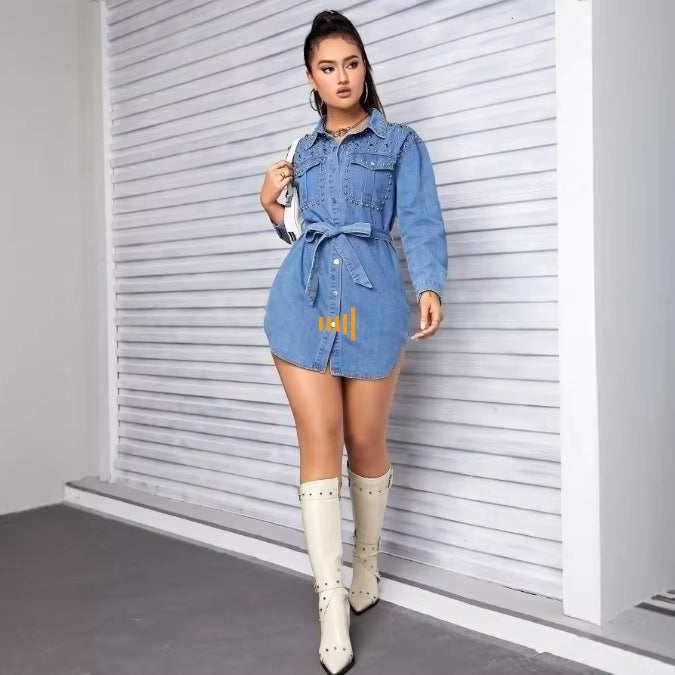 Damen Nietenbesetztes Denim‑Hemdkleid mit Taillengürtel Shop Nory