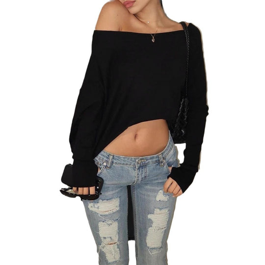 Damen Off-Shoulder Cropped-Langarmshirt mit Daumenloch Shop Nory