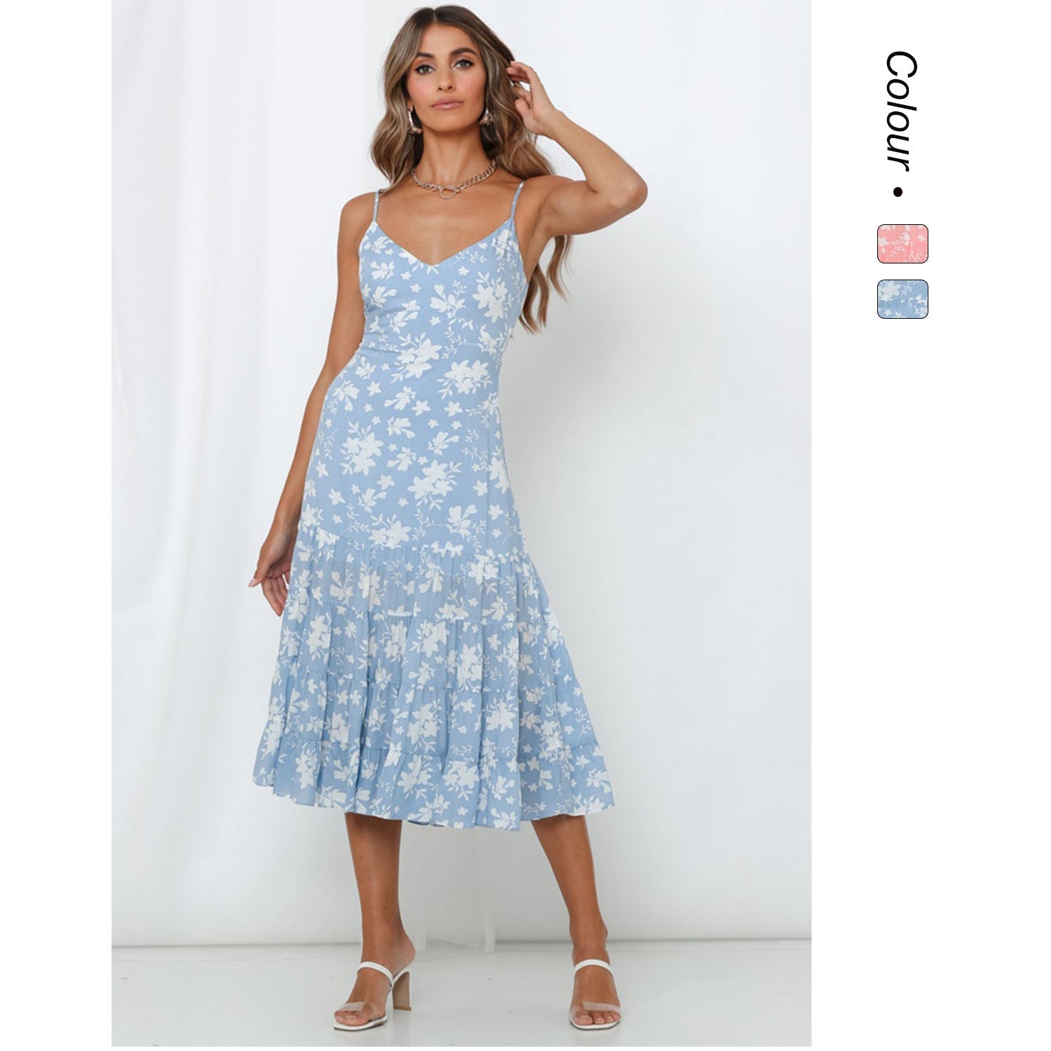 Damen Midi-Kleid mit floralen Rüschen und schwingendem Rock Shopnory