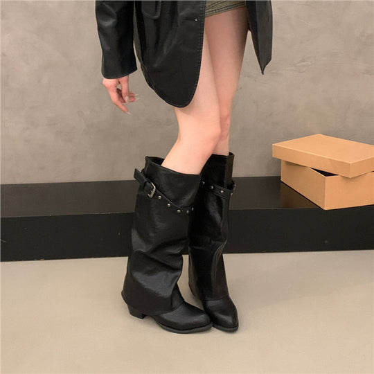 Damen Weiche Oversized Slouch-Overknee‑Stiefel mit verstellbarem Nieten‑Schnallenriemen Shop Nory