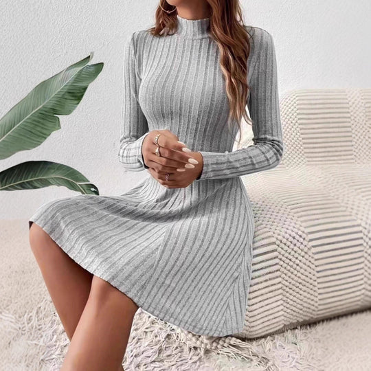 Damen Geripptes Strickkleid mit Stehkragen, taillierter A‑Linie und langen Ärmeln Shop Nory