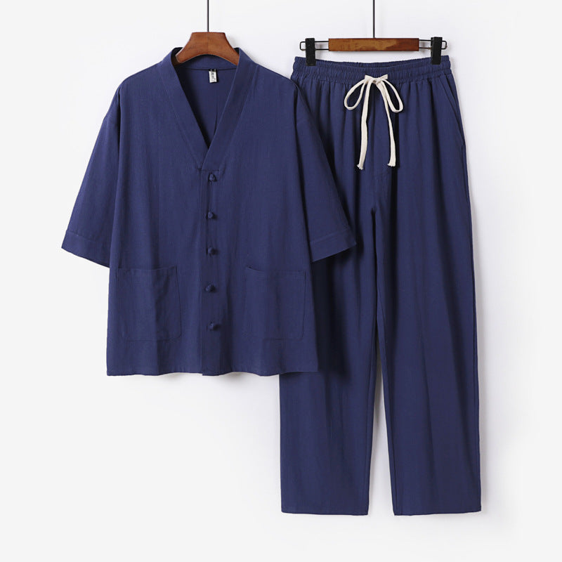 Herren Kimono-Zweiteiler aus Leinenmischung mit V-Ausschnitt, aufgesetzten Taschen und Kordelbundhose Shop Nory