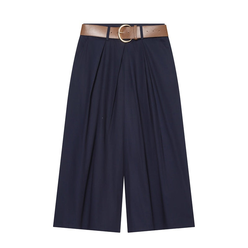 Damen Hochtaillierte Culotte-Hose mit weitem Bein, Kellerfalten und Rundbuckel-Gürtel Shop Nory