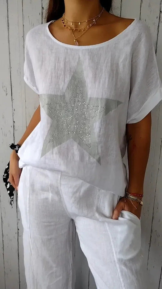 Damen lässiges Leinenoberteil mit glitzerndem Sternmotiv Shopnory