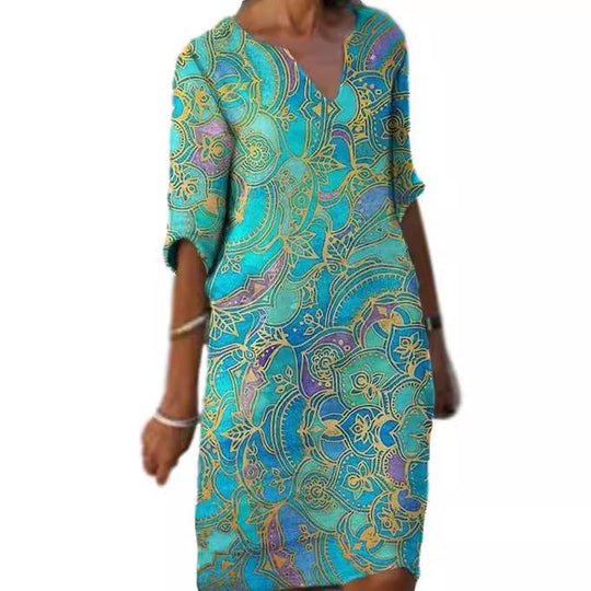 Damen Freizeitleichtkleid mit elegantem V-Ausschnitt und buntem Muster