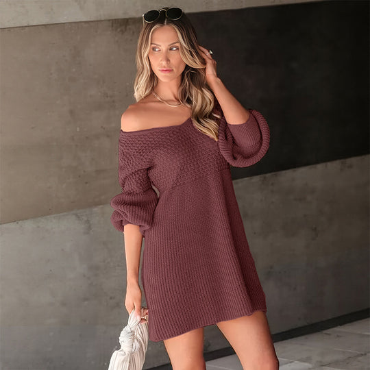 Damen Strickkleid mit V-Ausschnitt und Ballonärmeln Shop Nory
