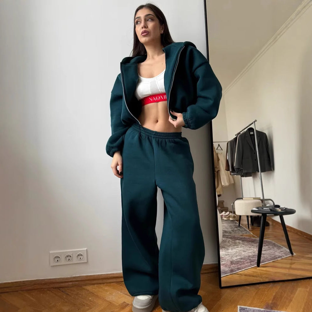 Damen kurzes Kapuzenzipper-Lounge-Set mit oversized Ärmeln und weitem Jogginghose-Schnitt Shop Nory