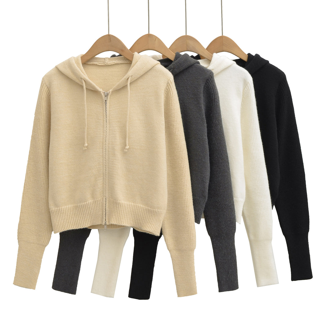 Damen Kurze Kapuzen-Strickjacke mit Reißverschluss und tailliertem Rippenbund Shop Nory