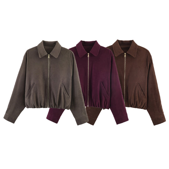 Damen Kurz geschnittener Wildlederoptik-Blouson mit Reißverschluss, elastischem Saum und schrägen Eingrifftaschen Shop Nory