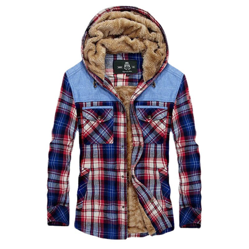 Herren karierte gefütterte Hemdjacke mit Kapuze und Teddyfutter Shop Nory