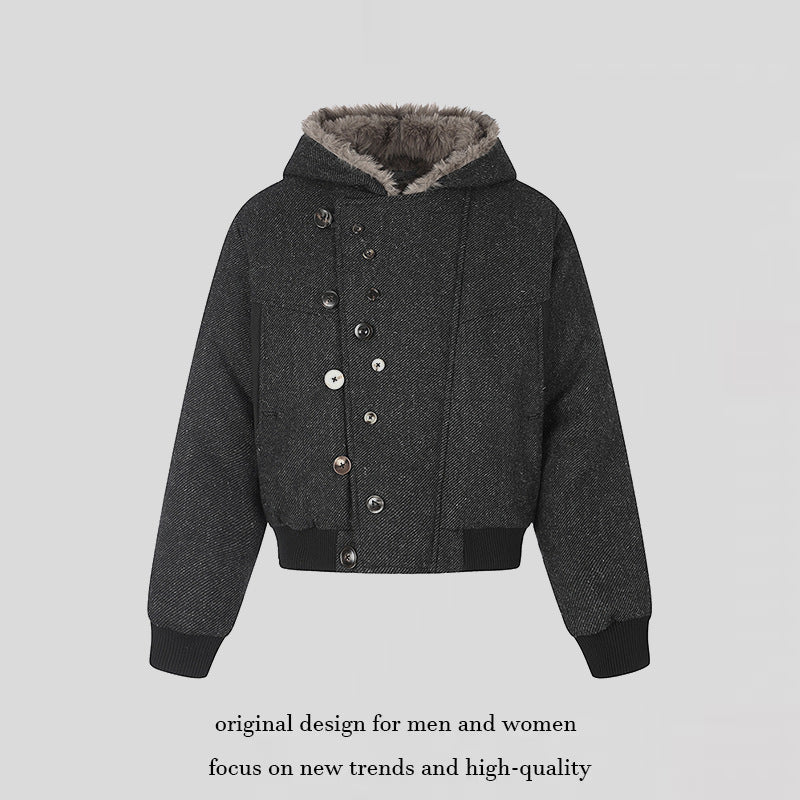 Damen Kapuzen-Bomberjacke mit Kunstfellfutter, asymmetrischer Mehrfachknopfleiste und geripptem Bund Shop Nory