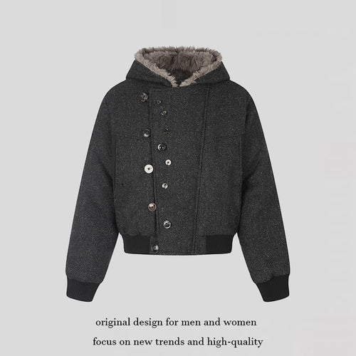 Damen Kapuzen-Bomberjacke mit Kunstfellfutter, asymmetrischer Mehrfachknopfleiste und geripptem Bund Shop Nory