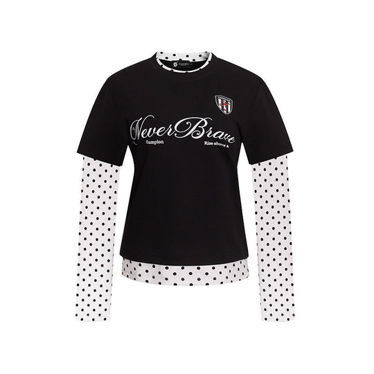 Damen Lagen-Langarmshirt mit Tupfen-Innenlayer und kalligrafischem Statement-Print Shop Nory