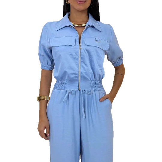 Damen Lässiger Zweiteiler-Jumpsuit mit Reißverschluss, kurzem Arm und weitem Palazzohosenbein Shop Nory