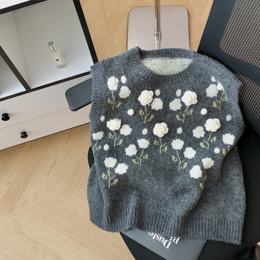 Damen Modischer Strickpullover mit Blumenapplikationen Shop Nory
