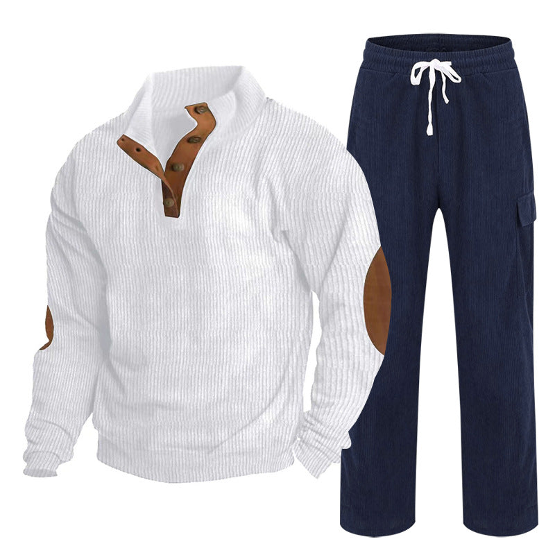 Herren Gemütliches Freizeit-Set aus Waffelstrick-Henley mit Ellenbogenpatch und Relax-Cargo-Hose Shop Nory