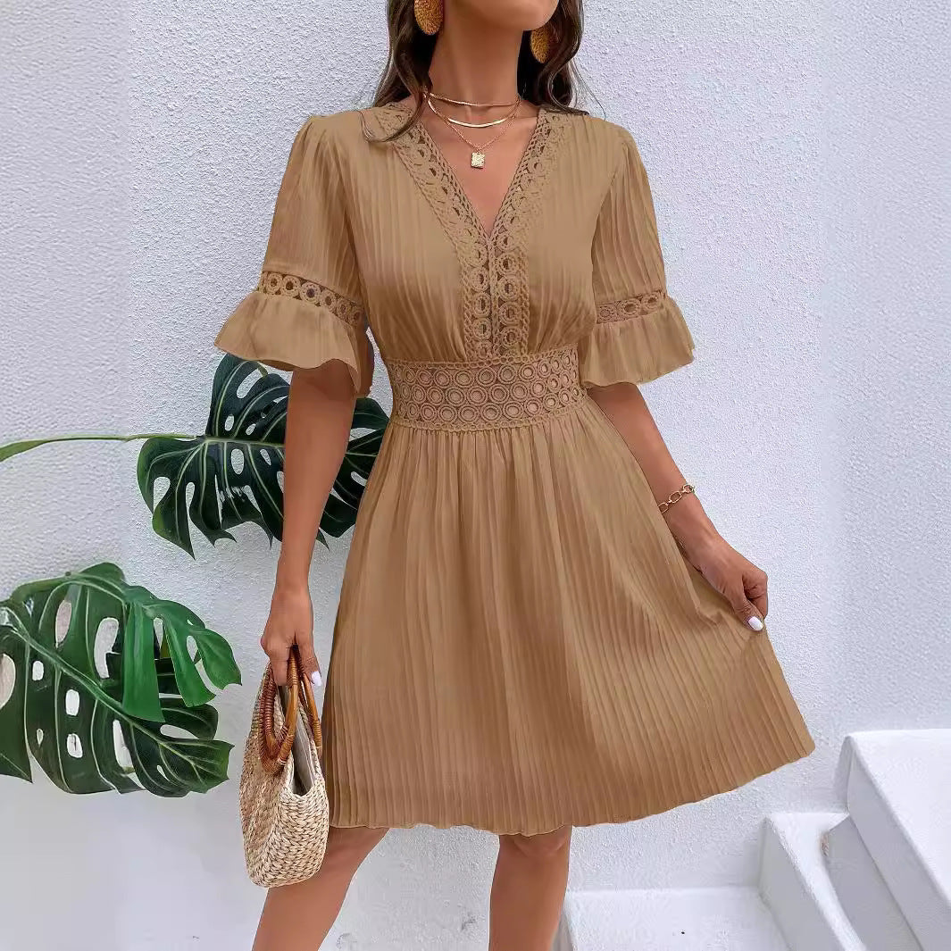Damen Midikleid mit Plissee, Spitzeneinsatz in der Taille und Volantärmeln Shop Nory
