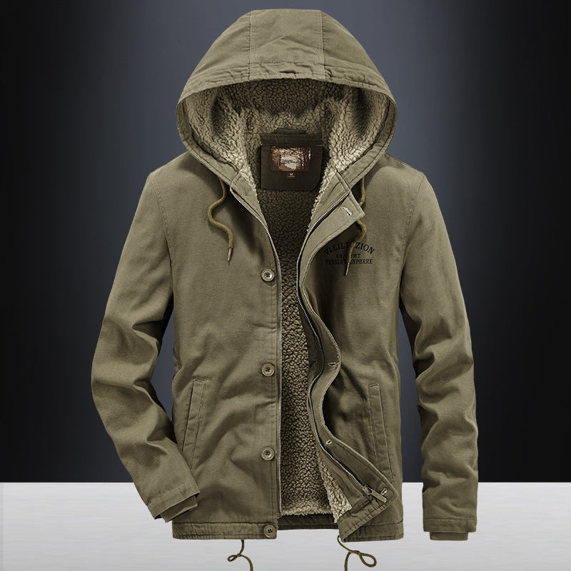 Herren Canvas-Kapuzenjacke mit durchgehendem Teddyfutter, Zwei-Wege-Reißverschluss und Kordzugsaum Shop Nory