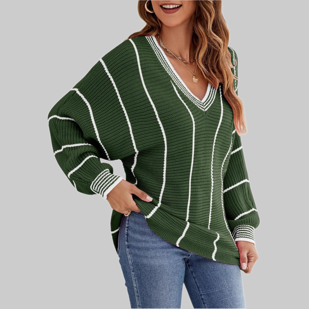 Damen Cropped Strickpullover mit V-Ausschnitt, Waffelstruktur und kontrastierenden Streifen Shop Nory