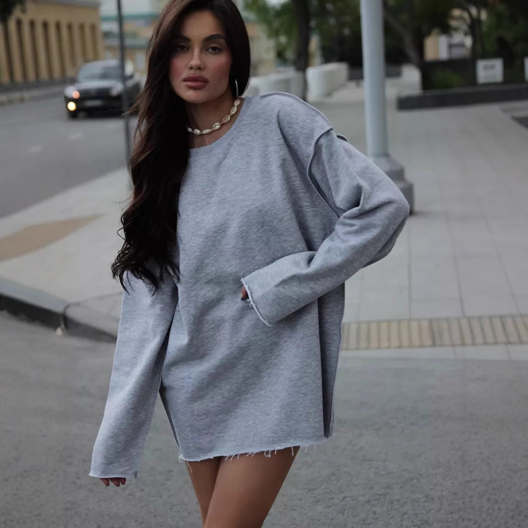 Damen oversized Sweatshirt mit ausgefranstem Saum und verlängerten Ärmeln Shop Nory