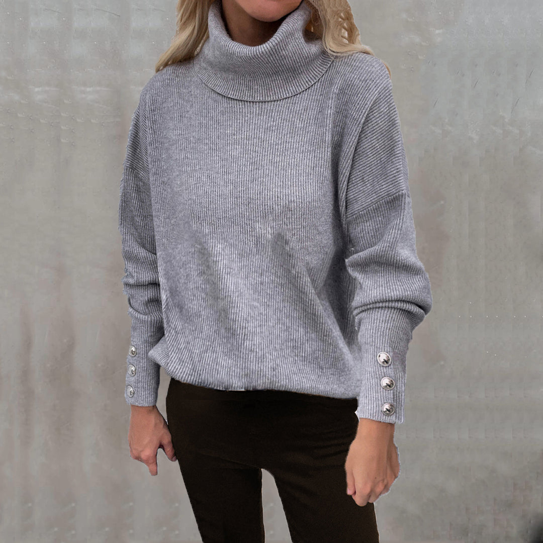 Damen Gerippter Rollkragenpullover mit Oversize-Schnitt und Zierknopfmanschetten Shop Nory