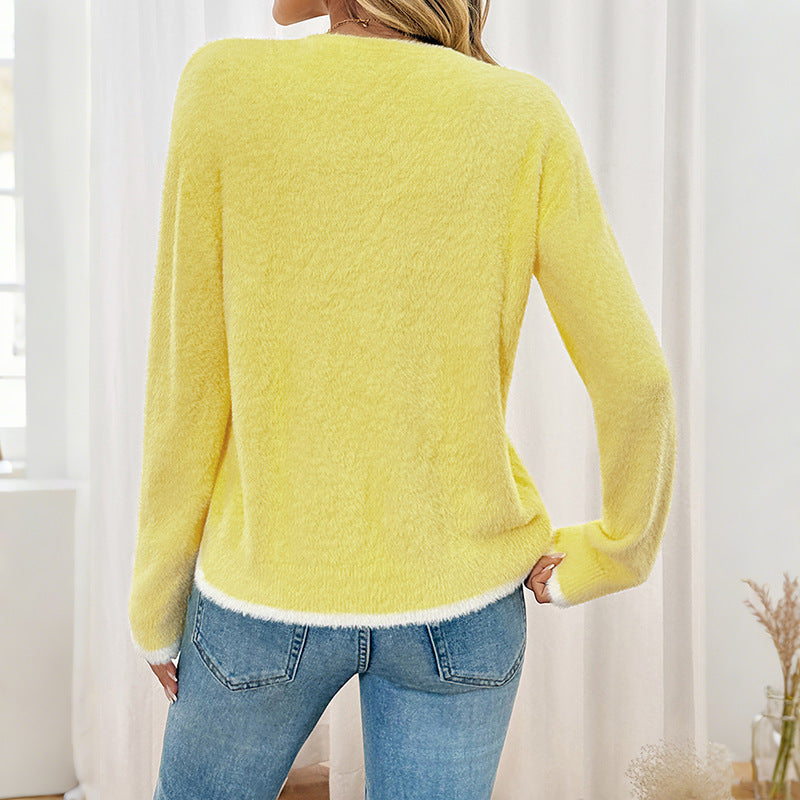 Damen Flauschiger V-Ausschnitt-Cardigan mit Spitzen-Schleifen Shop Nory