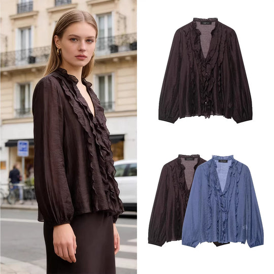 Damen Transparente Crinkle-Bluse mit Volantkragen, Rüschenfront und Ballonärmeln Shop Nory