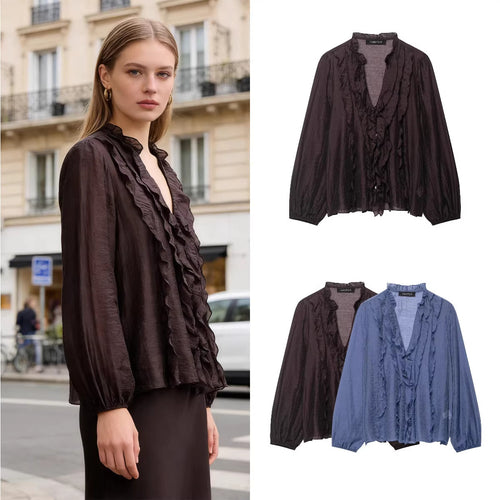 Damen Transparente Crinkle-Bluse mit Volantkragen, Rüschenfront und Ballonärmeln Shop Nory