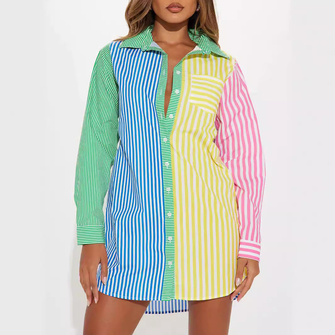 Damen Oversize Hemdblusenkleid mit mehrfarbigem Streifenblock Shop Nory