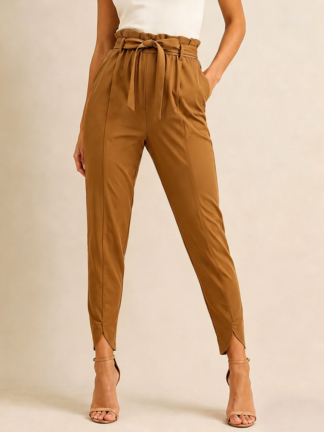 Damen hoch taillierte Paperbag-Hose mit Bindegürtel und geschlitztem Knöchelabschluss Shop Nory