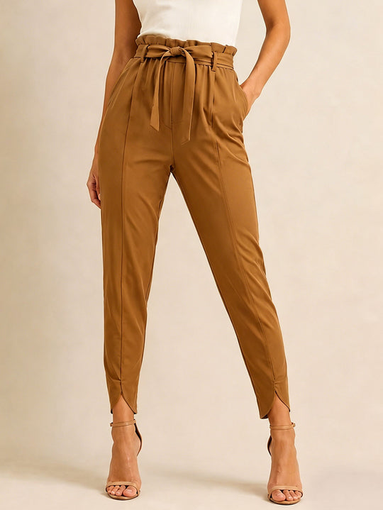 Damen hoch taillierte Paperbag-Hose mit Bindegürtel und geschlitztem Knöchelabschluss Shop Nory