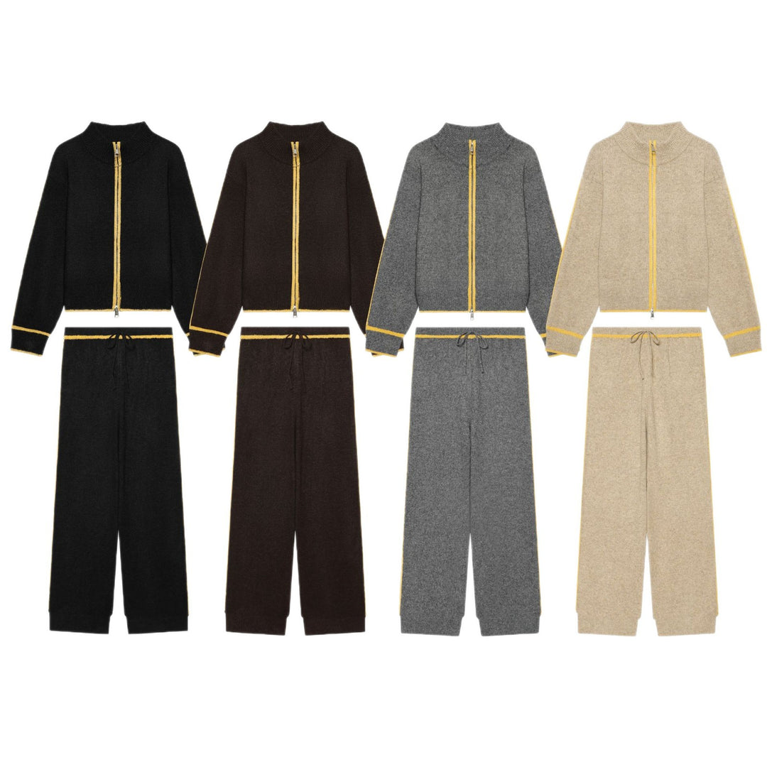 Damen Kuschel-Strickset mit Reißverschluss-Cardigan, Stehkragen und weiter Strickhose Shop Nory