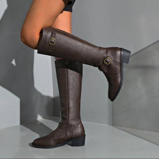 Damen nan kniehohe Reitstiefel mit dekorativen Schnallen und ergonomischem Blockabsatz Shop Nory