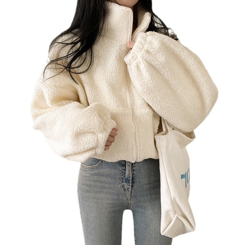 Damen kuschelige Fleece-Jacke mit hohem Kragen und Reißverschluss