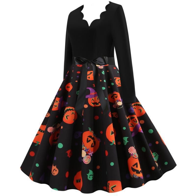 Damen Retro-Festliches Halloween-Kleid mit gewelltem Ausschnitt, taillierter Schnitt und weichem Tellerrock Shop Nory
