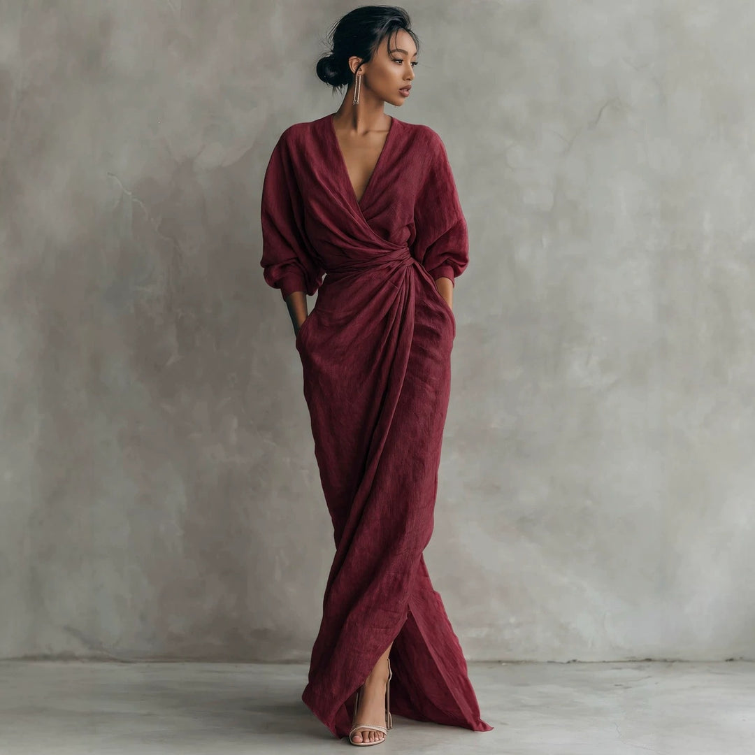 Damen Wickel-Maxikleid aus Leinenmix mit tiefem V-Ausschnitt und Ballonärmeln Shop Nory