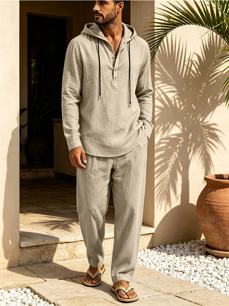 Herren Lässiges Leinen-Look Freizeit-Set mit Kapuzenhemd und weiten Hosen Shop Nory