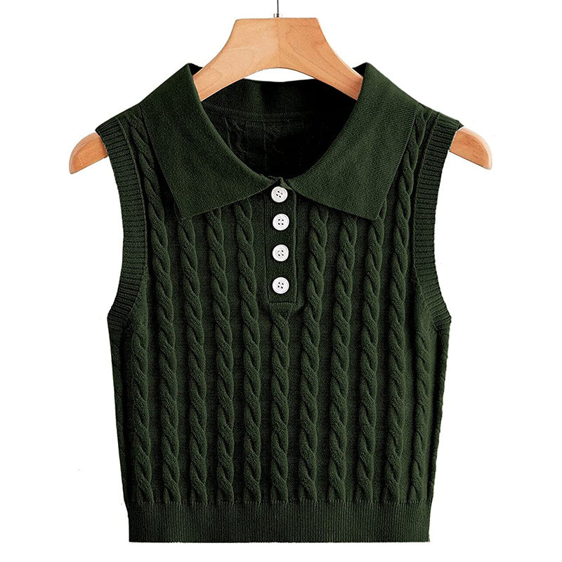 Damen Ärmellose Strickweste mit Polokragen und Zopfmuster Shop Nory