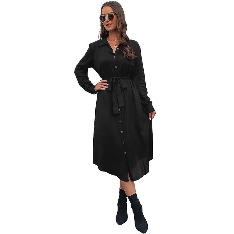 Damen Midikleid im Hemdblusenstil mit durchgehender Knopfleiste, Taillenbindegürtel und langen Ärmeln Shop Nory