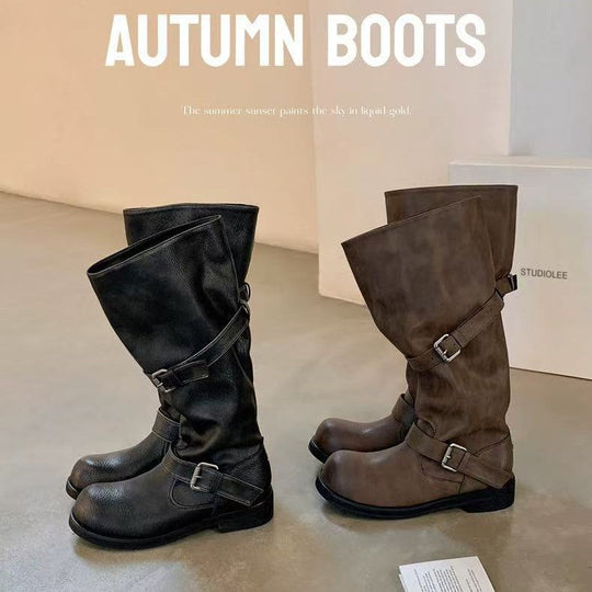 Damen modische kniehohe Stiefel mit dekorativen Riemen und robustem Blockabsatz Shopnory