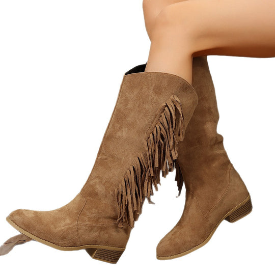 Damen knielange Wildlederimitat-Stiefel mit langen Fransen, mittlerem Blockabsatz und gepolstertem Komfortfußbett Shop Nory
