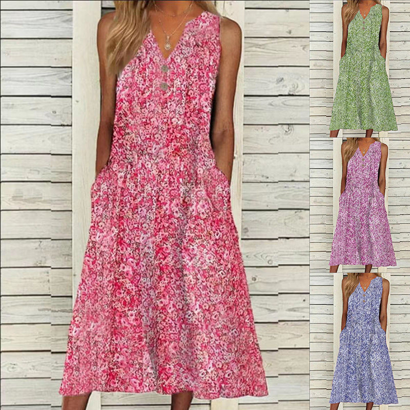 Damen Midi-Kleid mit tiefem V-Ausschnitt, Knopfdetails und praktischen Taschen