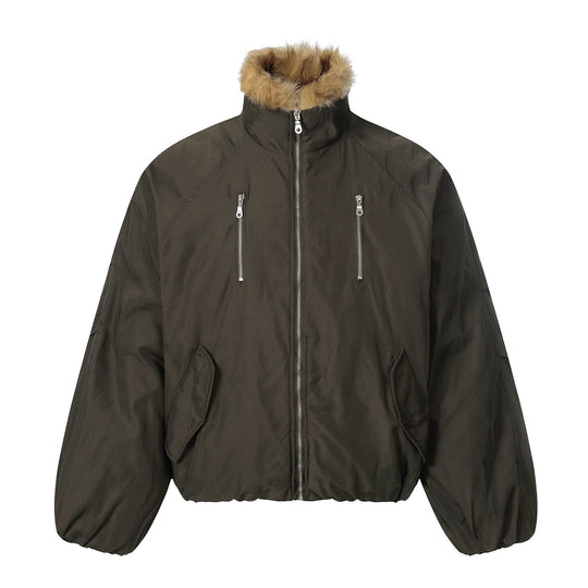Herren Kurz geschnittener Boxy-Pufferjacke mit Kunstfellkapuze und vertikalen Reißverschlusstaschen Shop Nory