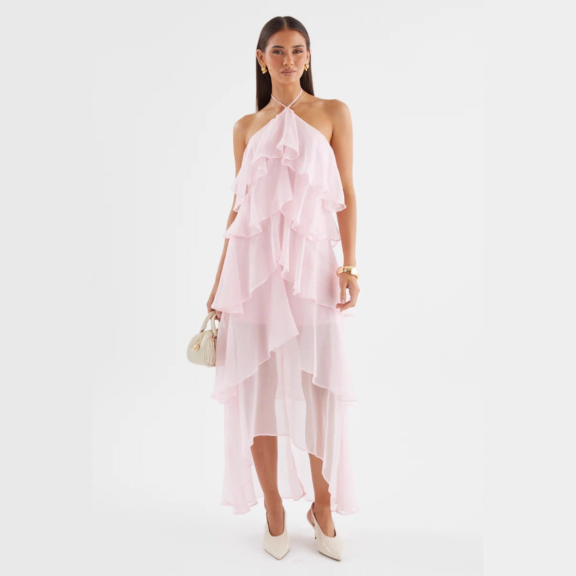 Damen Chiffon Maxikleid mit mehrschichtigen Rüschendetails Shopnory